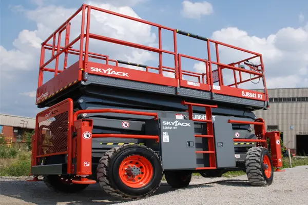 Rough terrain diesel scissor lift supplied by QuoteMeHire for safe elevated access on uneven ground and outdoor sites across the UK.