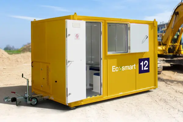 12-ft mobile Welfare EcoSmart unit positioned on a construction site