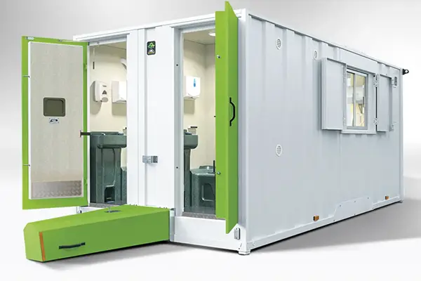 Portable welfare unit with toilet and office on a construction site for accommodation and welfare hire