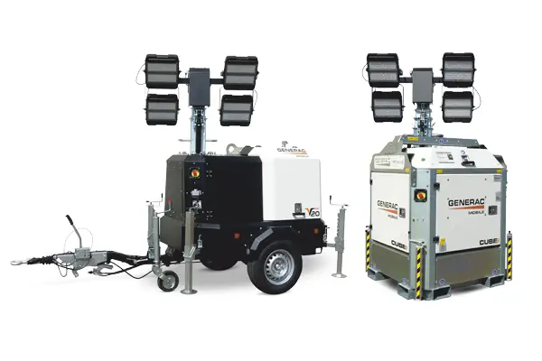 Generac V20 PRO lighting tower and Generac Cube hybrid models used for sustainable site lighting hire