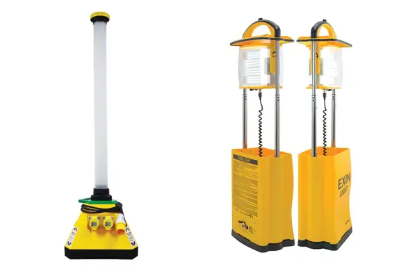 LED uplight providing 360° illumination on a construction site, representing QuoteMeHire heating and lighting equipment hire