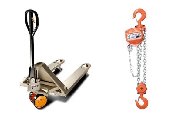 Pallet truck and single fall manual chain hoist supplied by QuoteMeHire for safe, compliant lifting equipment hire across the UK.