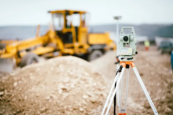 Surveyor using a GPS total station on a road construction site for precise measurement and alignment.